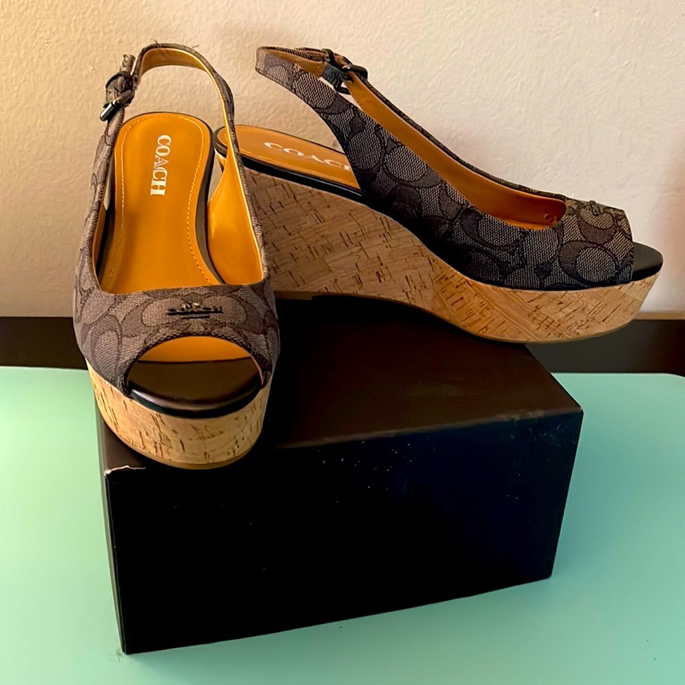 Coach sling back peep toe platform wedges